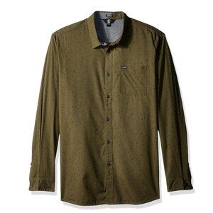 VOLCOM Men's Smashed Star Long Sleeve Button Up Military Green Modern Fit Shirt
